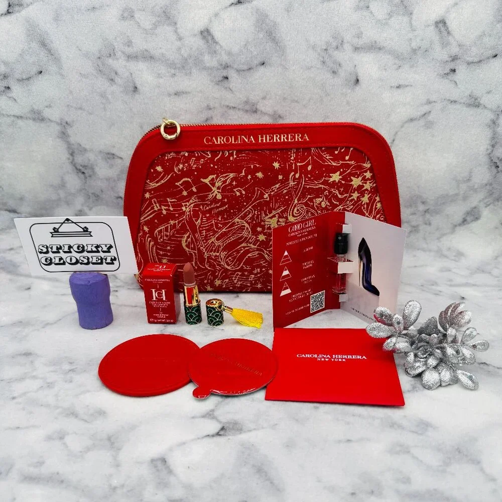 Carolina Herrera Beauty Gift Set-Red Pouch, Good Girl,Lipstick,Mirror-4pc-NEW